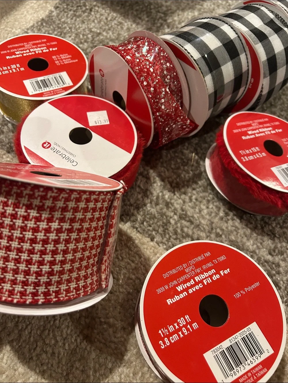 Holiday Ribbon Craft assorted Set - Red, Silver, Gold, Green, plaid